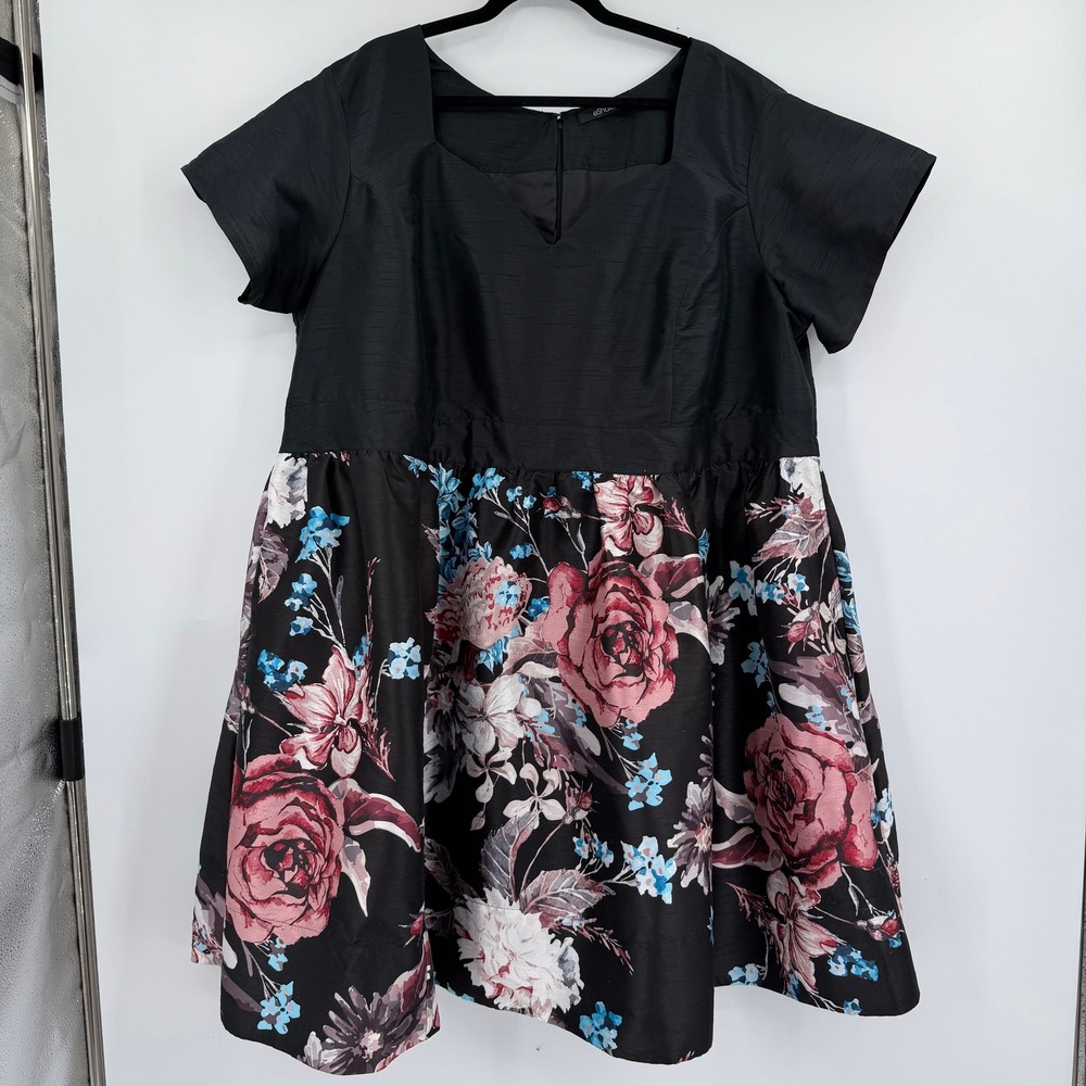 eShakti Custom Black Floral Dupioni Fit and Flare Short Sleeve Cocktail Dress